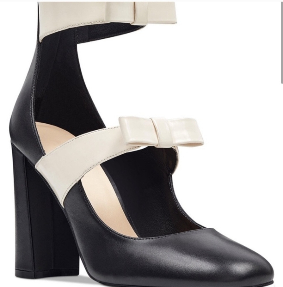 Nine West Dannell Black & Cream Mary Jane Heels with Bows Womens 8.5